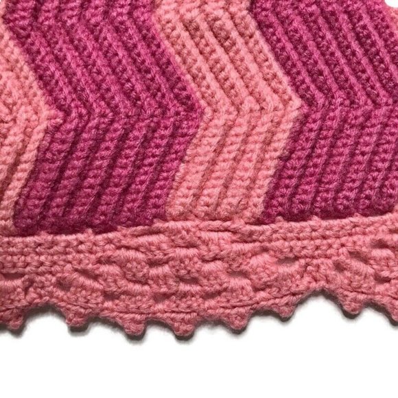 Vintage Heavy Wool Zig Zag Chevron Afghan Pink - Picture 2 of 2